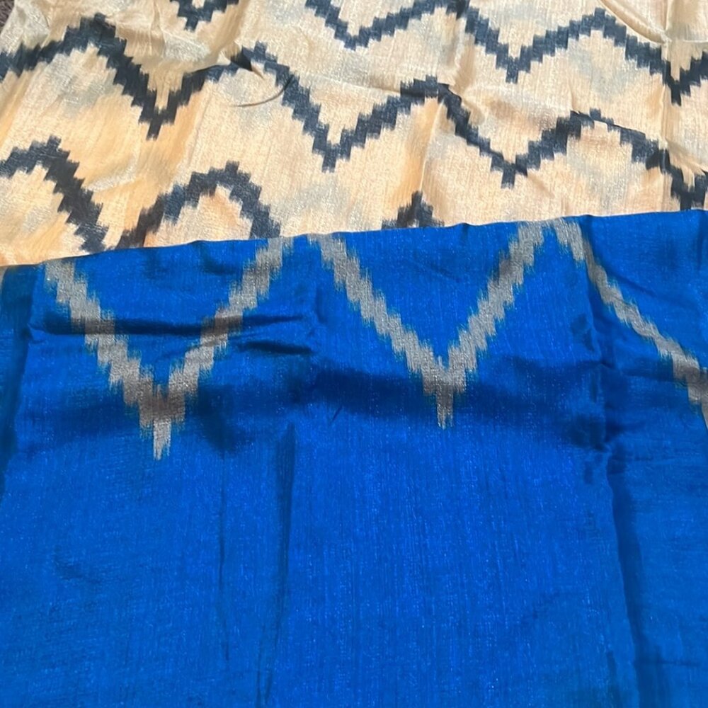 Elegant Blue & Beige Printed Matka Silk Saree | Chevron Design | Blouse Fabric